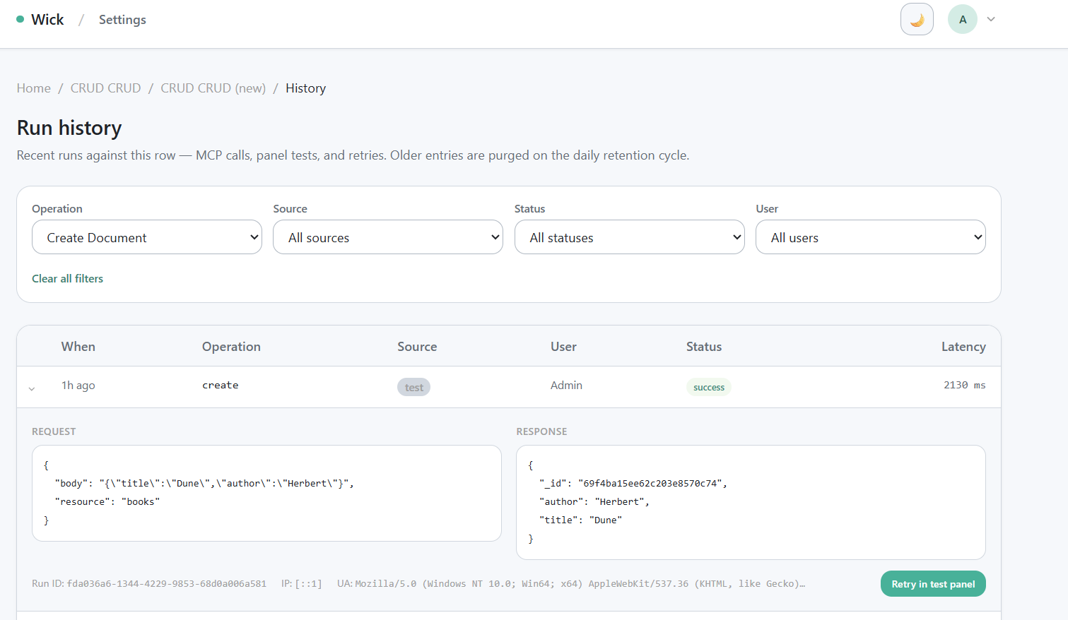 Connector run history with expanded error row