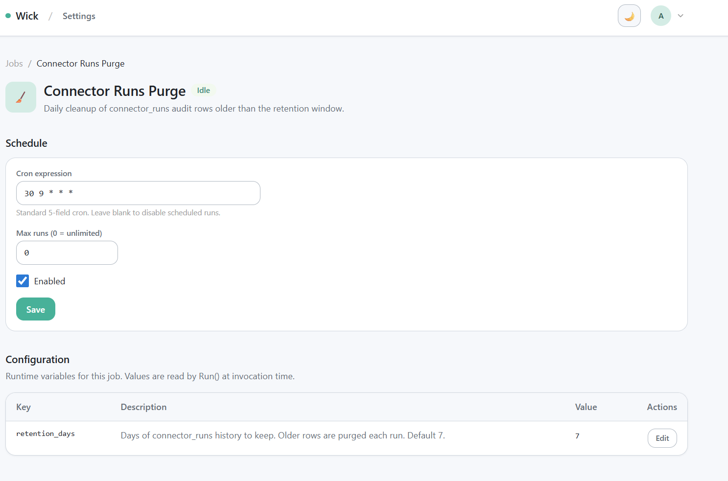 Connector runs purge job settings