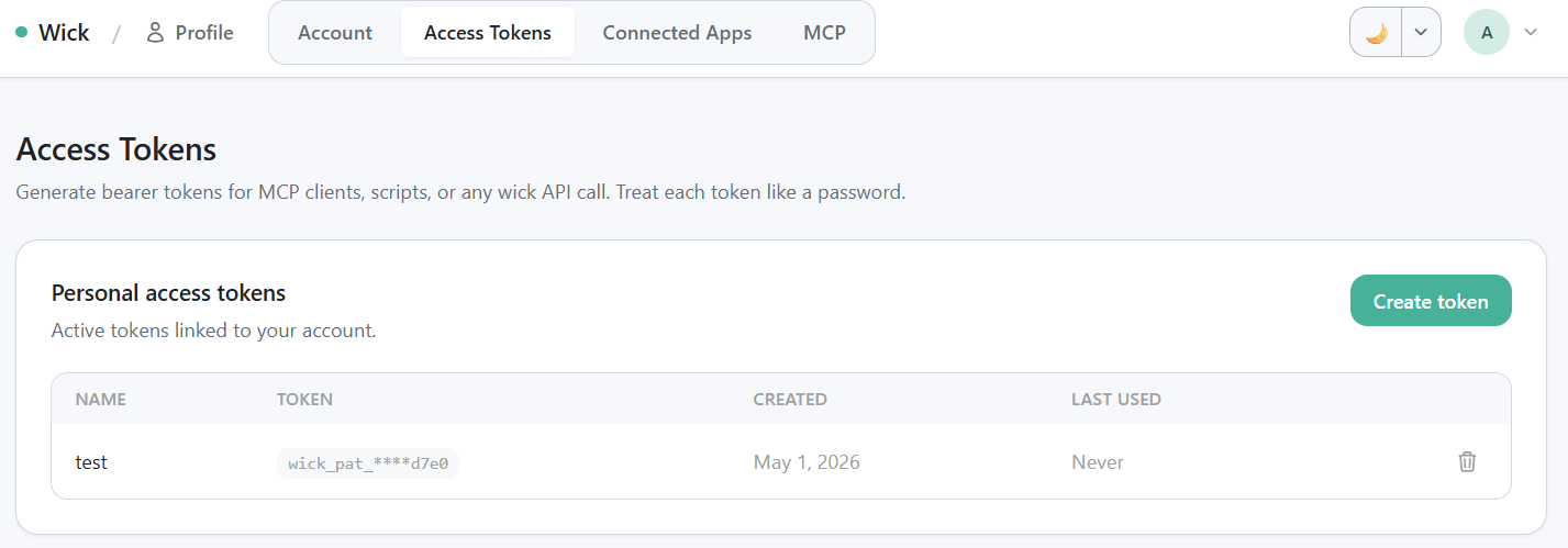 Personal access tokens list