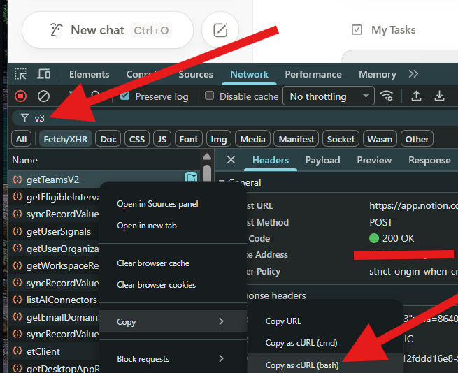 DevTools Network tab filtered to v3, right-click a request, Copy → Copy as cURL (bash)